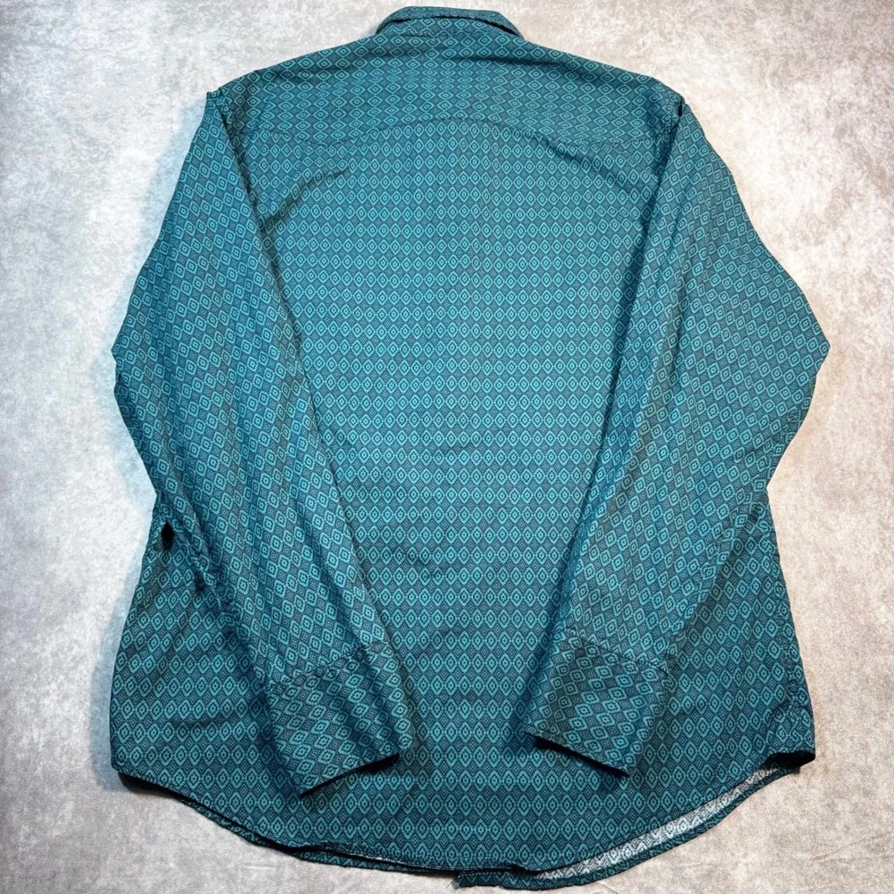 Roper Mens Teal Geometric Diamond Western Pearl Snap Shirt Long Sleeve Large - Picture 3 of 8
